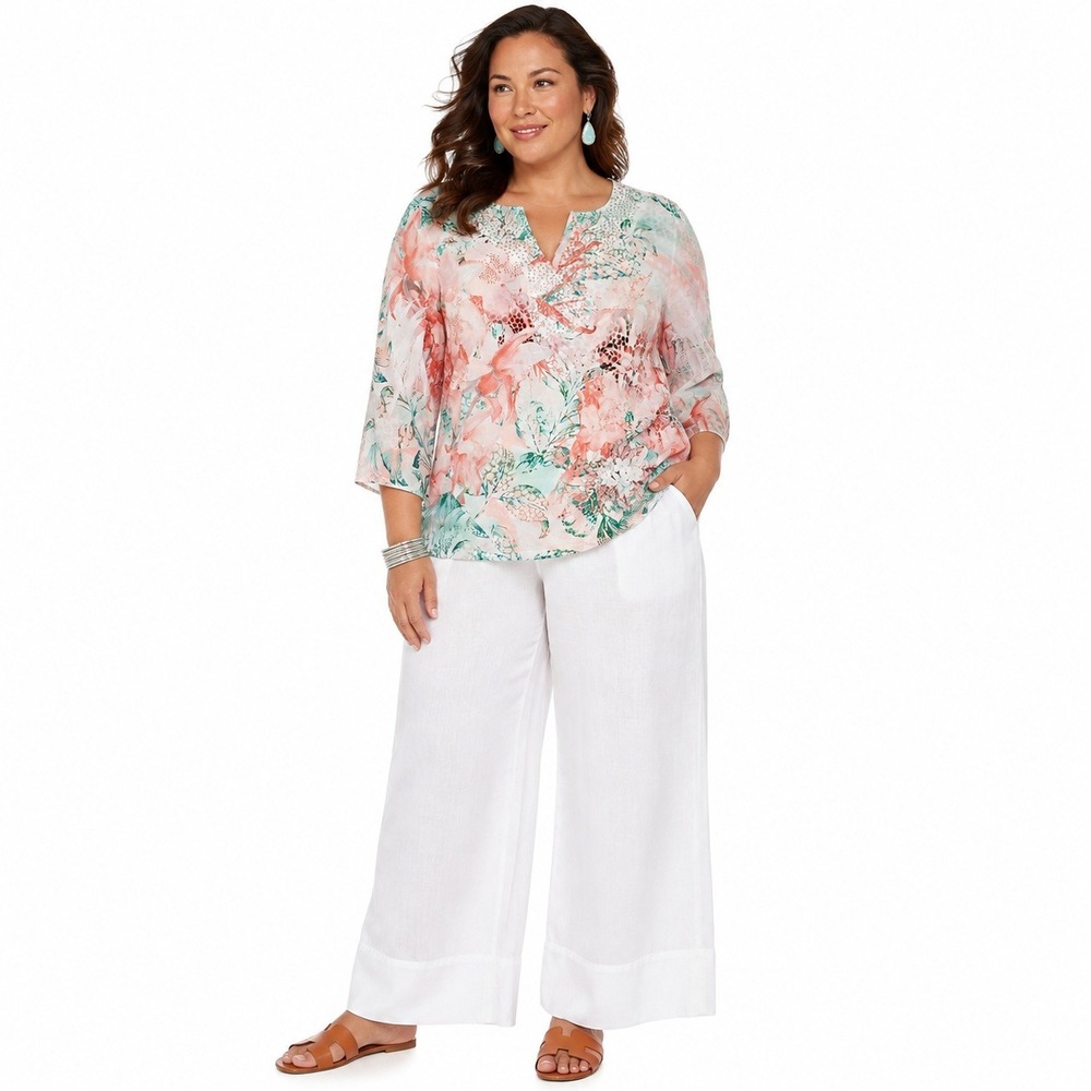 JM Collection Floral Tunic Top Rhinestone Split V-Neck Flowy Resort Chic XL